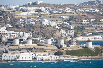 Obraz premium A view of the windmills in Mykonos, Greece.