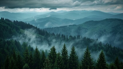 Breathtaking view of layered mountain forests under a cloudy sky