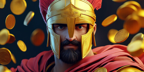 Spartan Warrior, Strong wariror with beard and golden helmet in red ckoak and armor on dark studio background with golden coins.