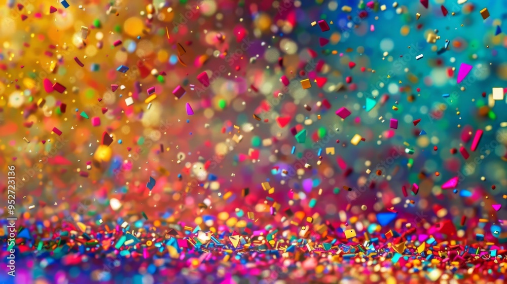Poster bright multicolored abstract background with falling small pieces, dynamic and lively, detailed text