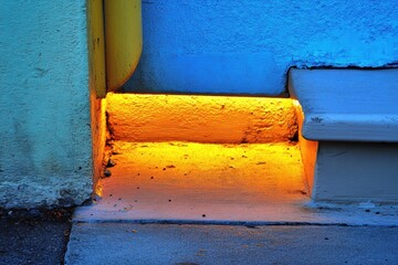 Warm light on colorful urban stairway at dusk