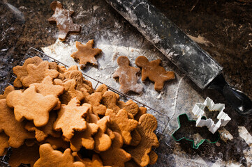 Freshly baked gingerbread cookies with rolling pin and cutters