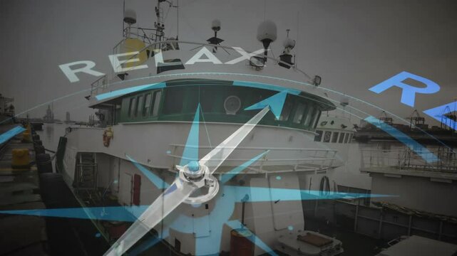 Compass with RELAX text animation over docked ship in harbor