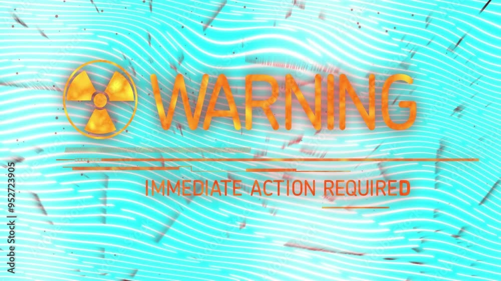 Poster warning and immediate action required text animation over wavy blue lines background