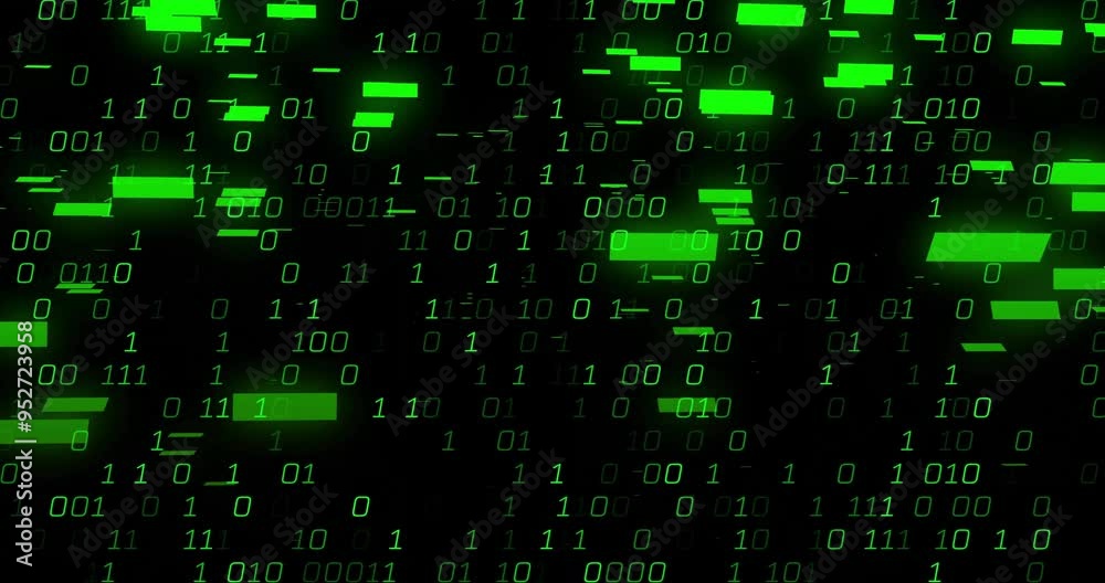 Poster binary code and data processing animation with green numbers on black background