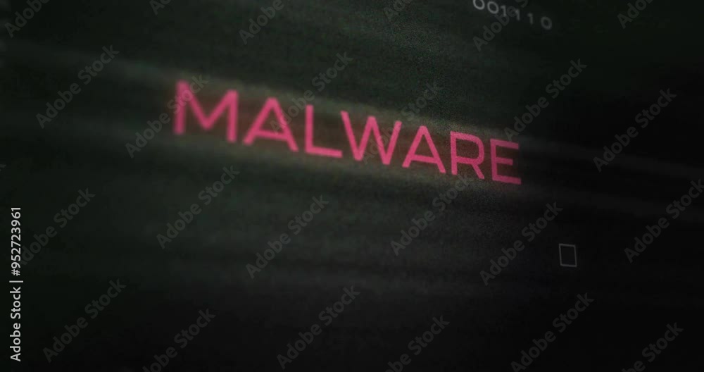 Poster malware text animation over dark background with binary code