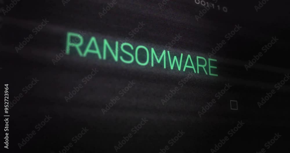 Poster ransomware text animation over dark background with digital interface elements