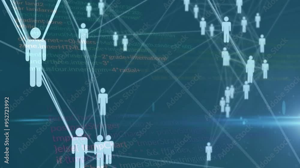 Poster network of connected people icons and data processing animation over code background