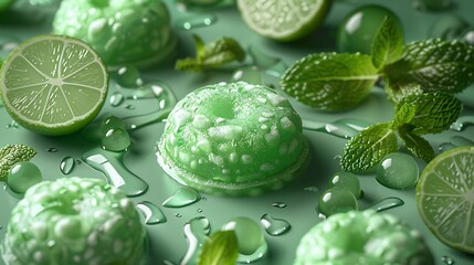 Fototapeta premium Refreshing green lime and mint desserts with water droplets.