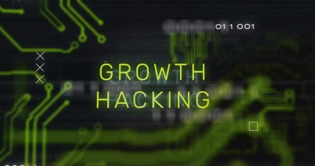 Growth hacking text animation over green circuit board graphics - Powered by Adobe