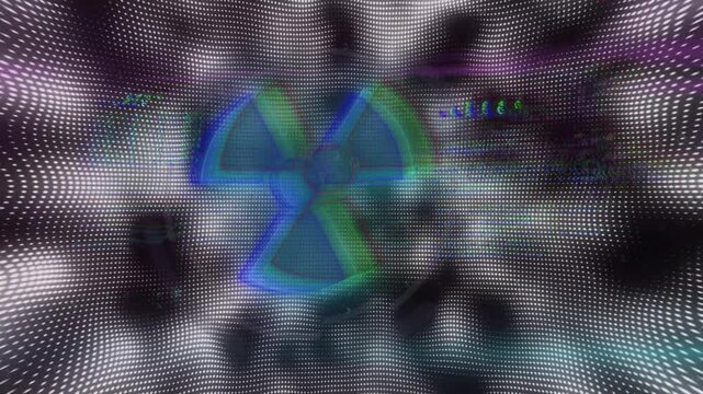 Radiation hazard symbol animation over digital wave pattern with numerical data