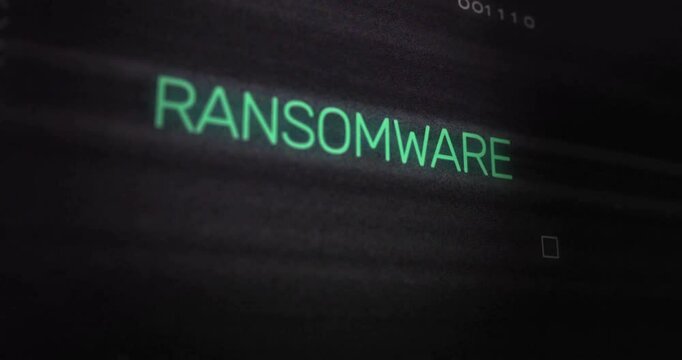RANSOMWARE text animation over dark background with digital interface elements