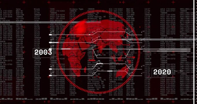Red digital globe animation over data and numbers with years 2004 and 2019
