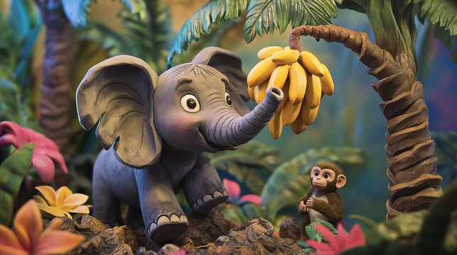 A cute, cartoon-style clay elephant stands in a jungle scene with a monkey sitting beneath a banana tree.