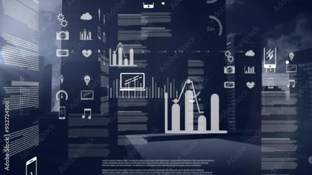 Poster graphs and icons representing data analytics animation over cityscape background