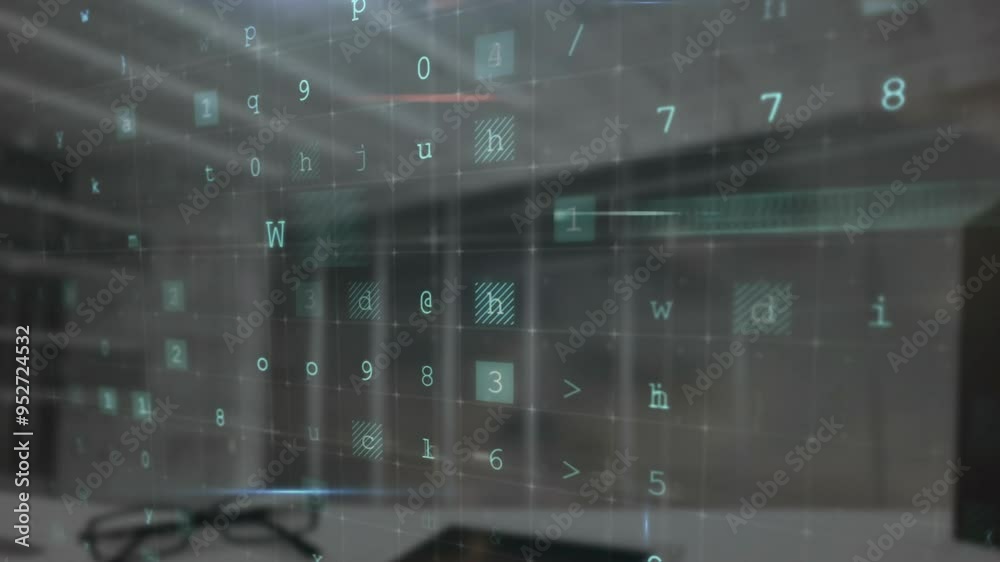 Poster warning text animation over office background with floating numbers and symbols