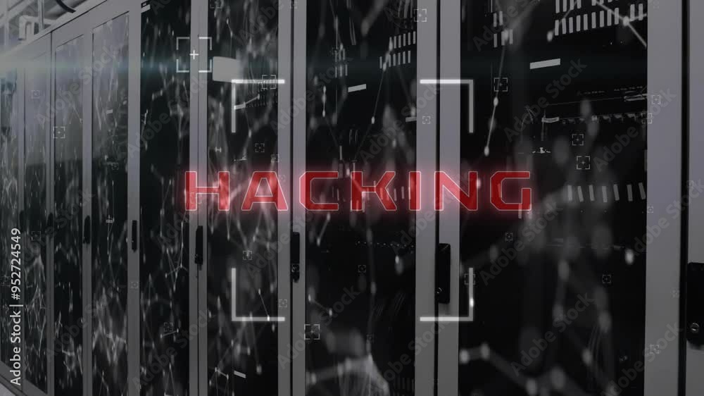 Poster hacking text animation over server racks and digital network connections