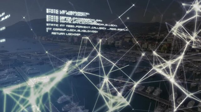 Network connections and coding animation over marina with boats and buildings