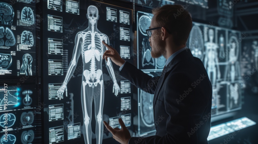 Aufkleber Businessman interacting with 3D rendering of x-ray human body scan interface
