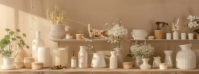 Minimalist beauty products and decor in soft natural tones