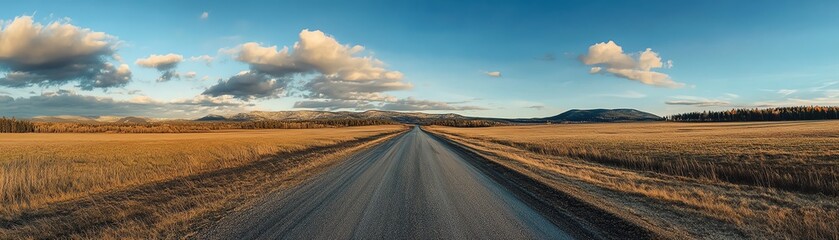 Fototapeta premium Empty asphalt road leading through a field under a blue sky with white clouds.