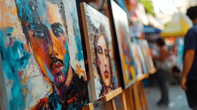 Colorful Abstract Portrait Paintings on Easels at Art Market