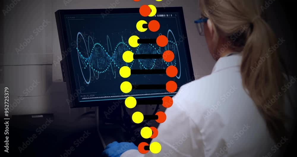 Poster dna strand animation over scientist analyzing data on computer screen