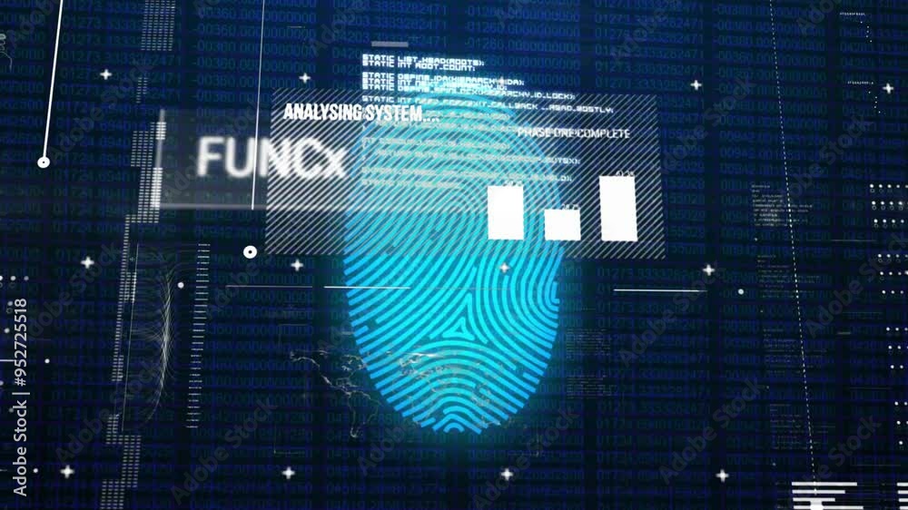 Poster Fingerprint scanning and data analysis system animation over digital code background