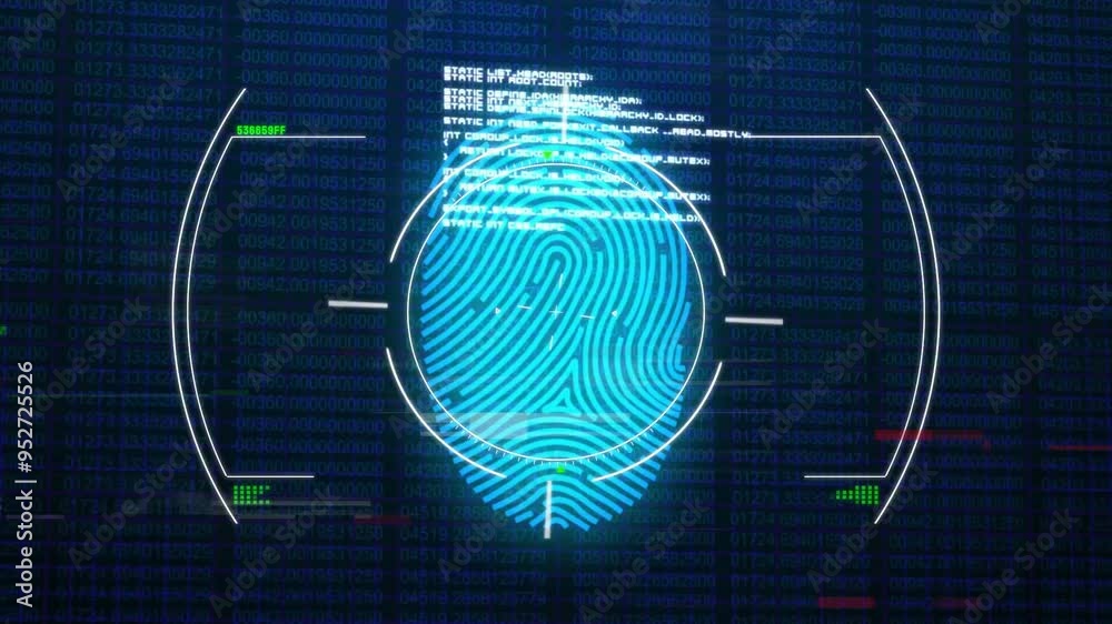 Leinwandbilder Fingerprint scanning and data processing animation over binary code background