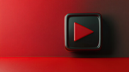 A red play button icon sits on a red background with a black square border.