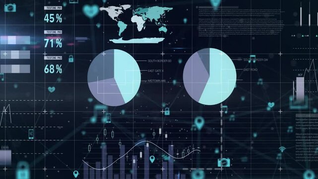 Global data analytics and statistics animation over digital interface with charts and graphs