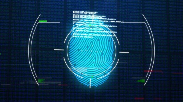 Fingerprint scanning and data processing animation over binary code background