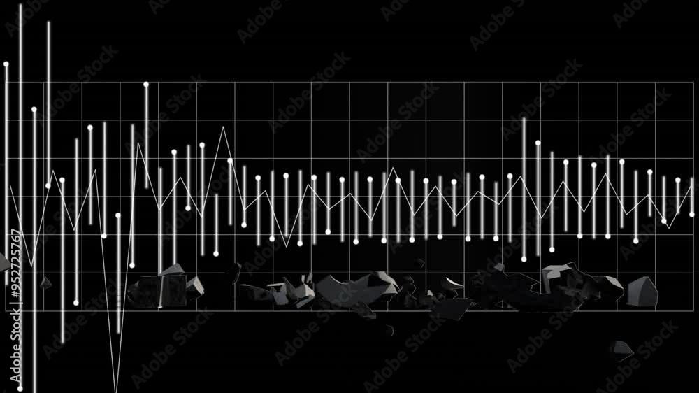 Wall mural Graph with fluctuating lines and dots animation over black background with broken pieces