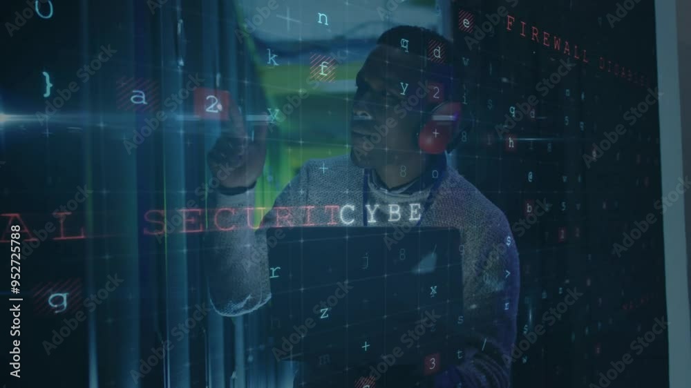 Poster cybersecurity threat detection animation over person using computer in dark room