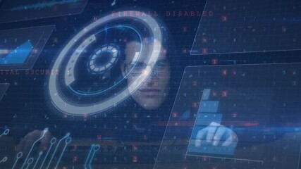 Firewall disabled text animation over person using futuristic digital interface