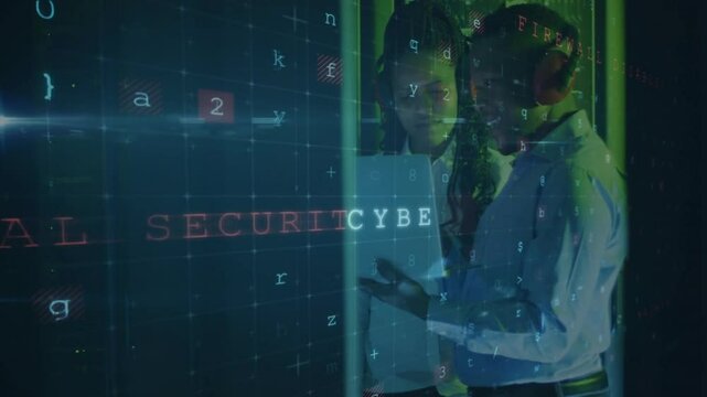 Cybercrime and malware animation over diverse professionals discussing in office