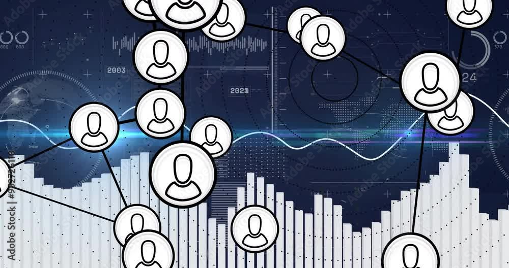 Poster user icons connected by lines, data visualization animation over bar and line graphs