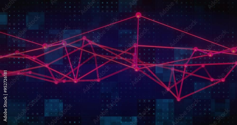 Poster red interconnected lines and nodes animation over digital grid background