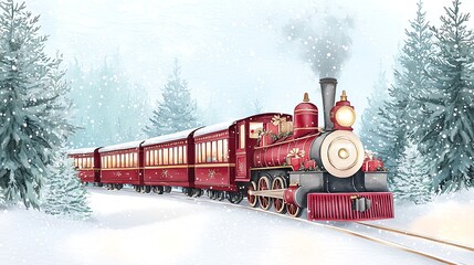 Red steam train traveling through snowy winter forest, surrounded by pine trees and snowflakes falling in a serene winter landscape.