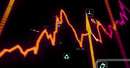 Rising and falling stock market graph with environmental icons animation