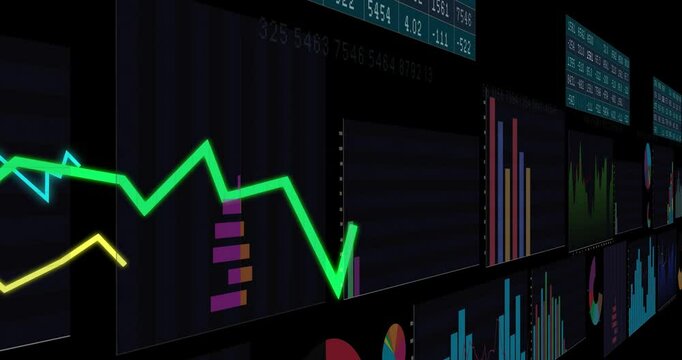 Financial data charts and graphs animation over dark background