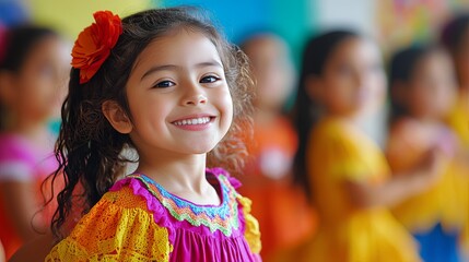 Fototapeta premium Smiling Little Girl in Traditional Mexican Dress with Flower in Hair