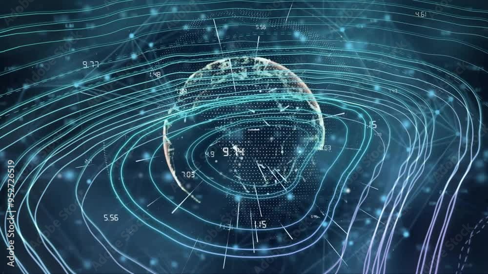 Poster digital globe with data points and lines, global network animation