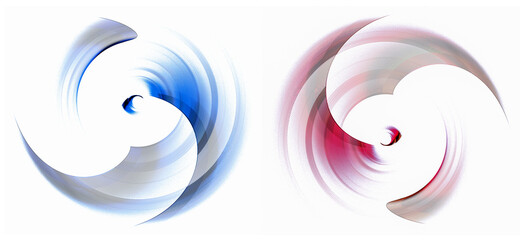 Red and blue propellers rotate quickly on a white background. Set. Icon, logo, symbol, sign. 3D rendering. 3D illustration.