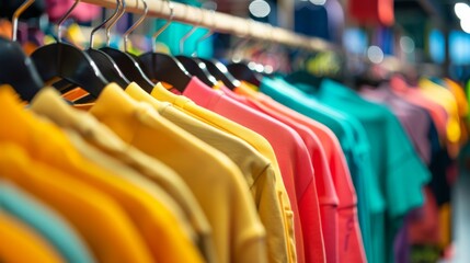 Colorful clothes on hangers in a modern store