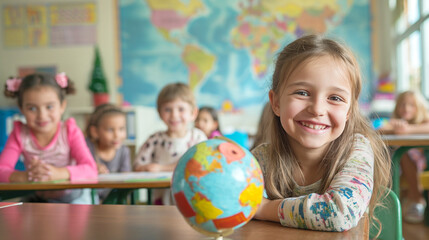 Fototapeta premium A schoolgirl girl of 7-10 years old sits at a desk in college with a group of classmates, smiling next to a globe