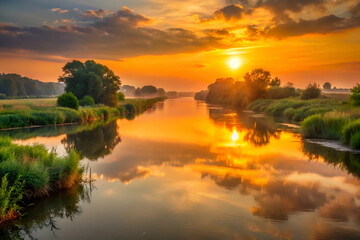 Obraz premium A beautiful sunset over a river with trees in the background. The water is calm and the sky is filled with orange and pink hues