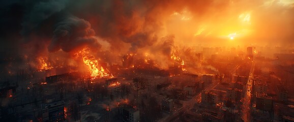 Naklejka premium Aerial view of a city engulfed in flames with thick smoke billowing into the sky.