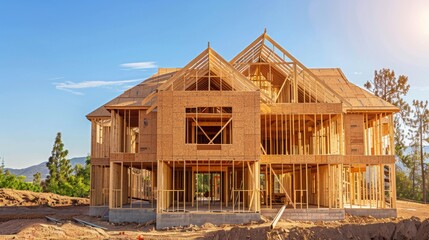 Construction site with wooden framework of a residential home being built