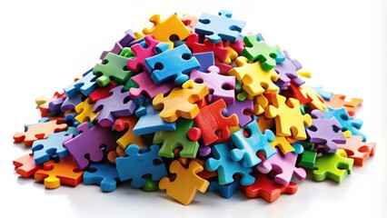 Colorful jigsaw puzzle pieces forming a vibrant pile on a white background, jigsaw, puzzle, colorful, pieces, pile, vibrant, colorful